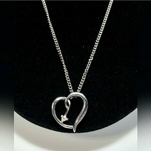 Necklace Silver Tone Chain Open Heart Pendant Single Faux Diamond Crystal MN105